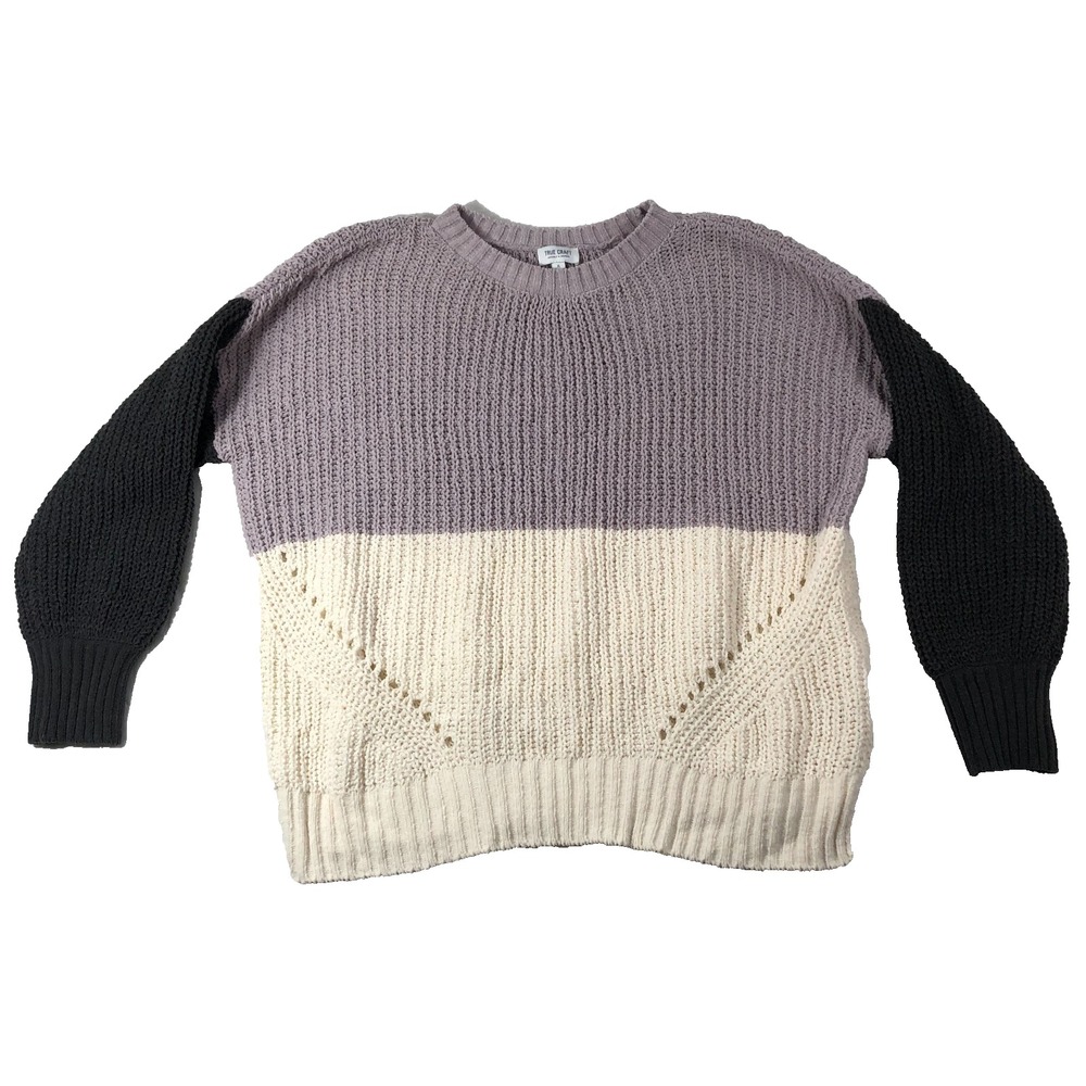 True Craft Sweater Women's XL Purple Cream Gray Split‎ Hem Knit Soft Cozy